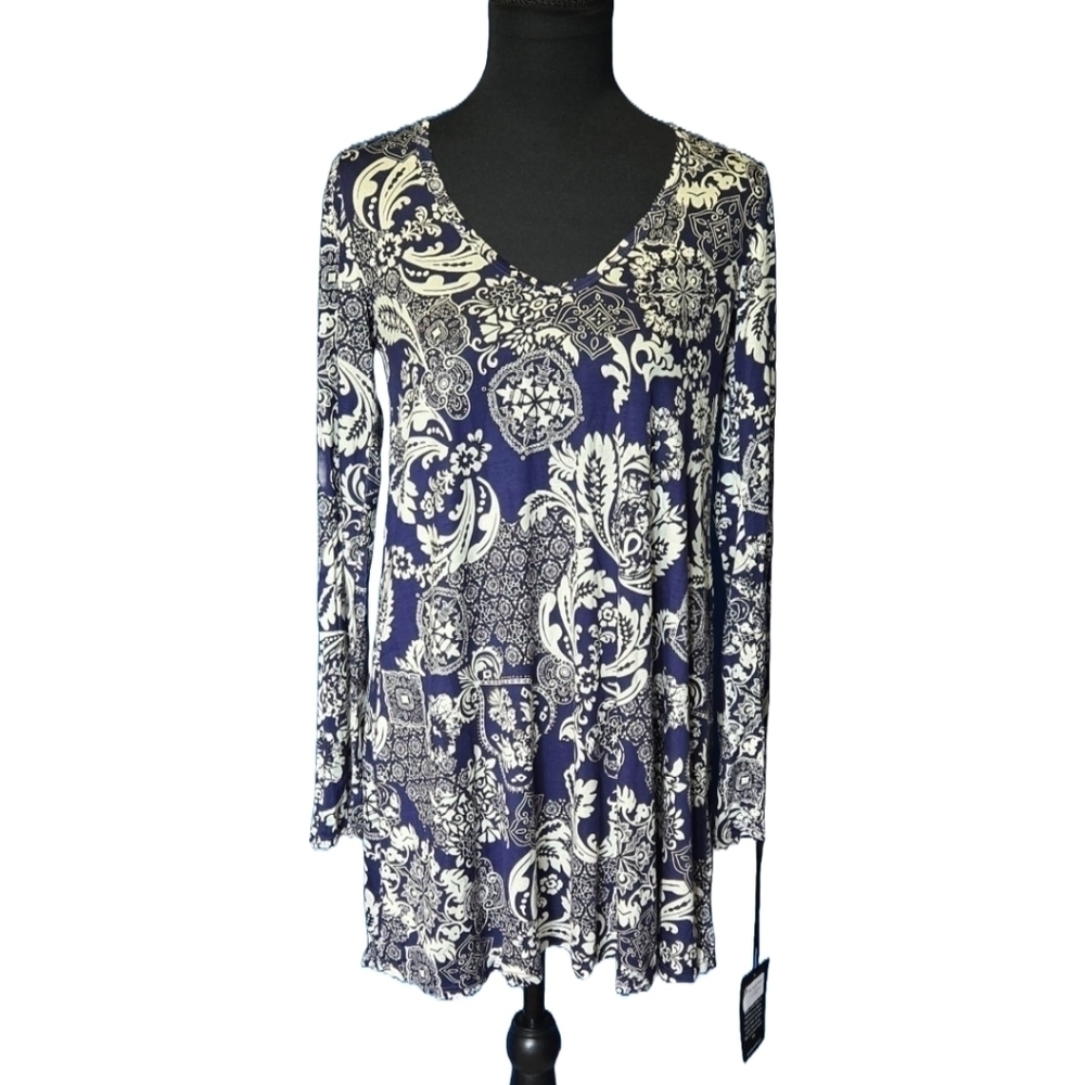 Michael Lauren Navy Paisley Dress Medium NWT Soft Casual Everyday Mini Stretch - Picture 2 of 9